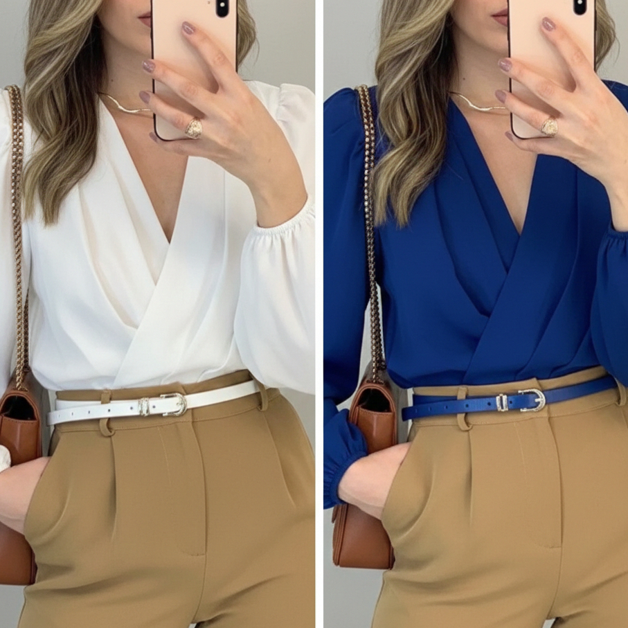 KIT Com 2 Blusa Feminina Manga Longa Transpassada Conte V Elegante Tecido Duna Elástico no punho. em Oferta na Shopee