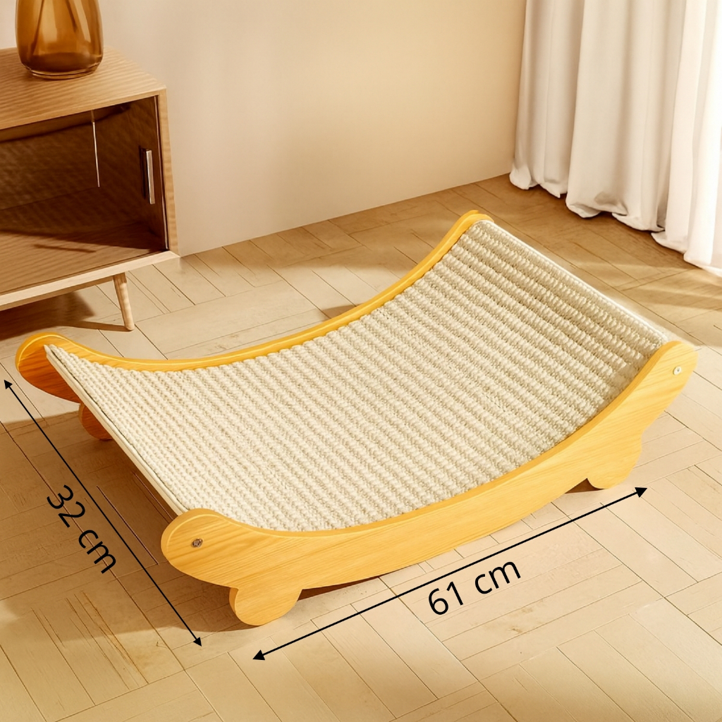 Cama Curva para Gatos de Dormir e Arranhar 2 em 1 Sisal Resistente Acabamento em Madeira Natural