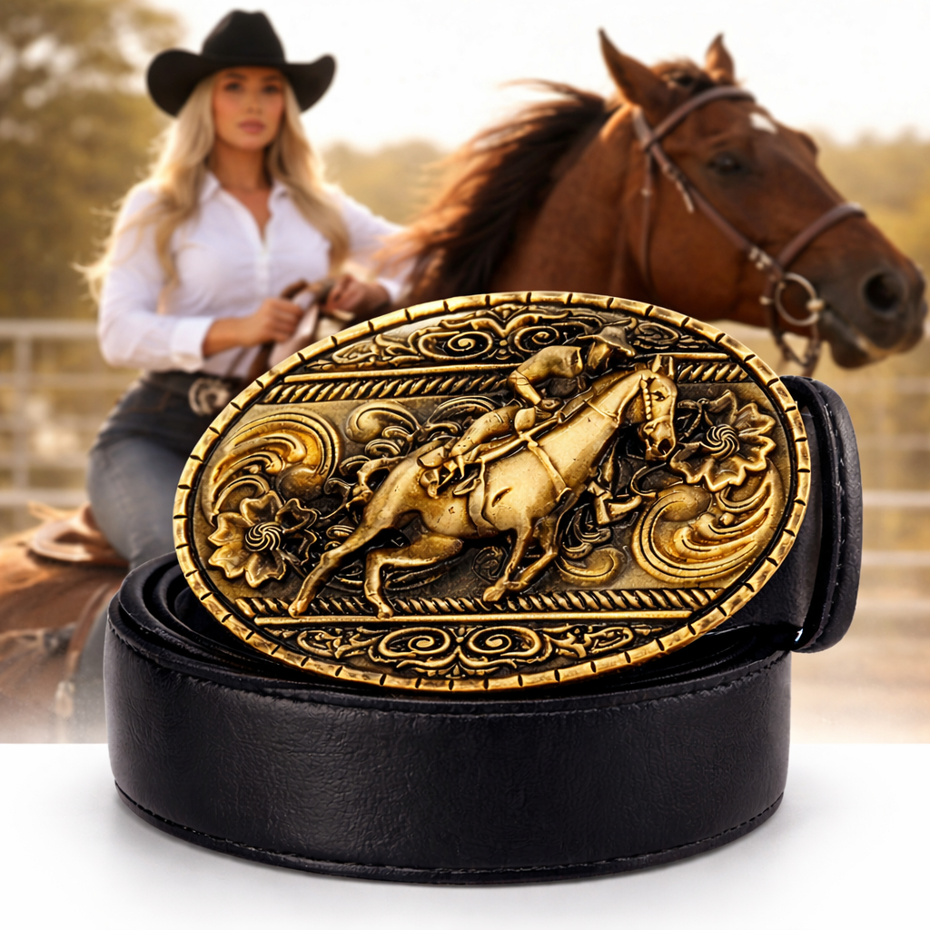 Cinto Sertanejo Unissex Cavalo Dourado — Destaque no Rodeio Presença que Impõe Estilo em Oferta na Shopee