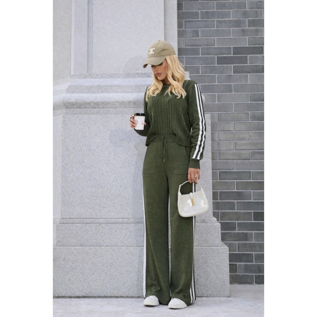 Conjunto Feminino Tricot Calça Pantalona Forrada Blusa Tranças Listras Moda Confort Aerolook em Oferta na Shopee