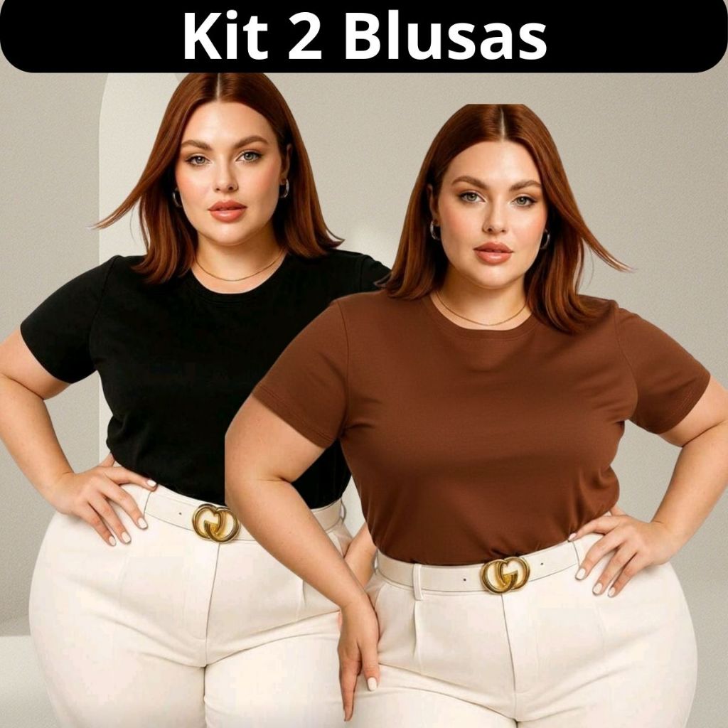 Kit 2 Blusa Feminina plus Size Ribana Casual Moderna Blusinha Evangélica  TShirt  Básica Camiseta Manguinha P005