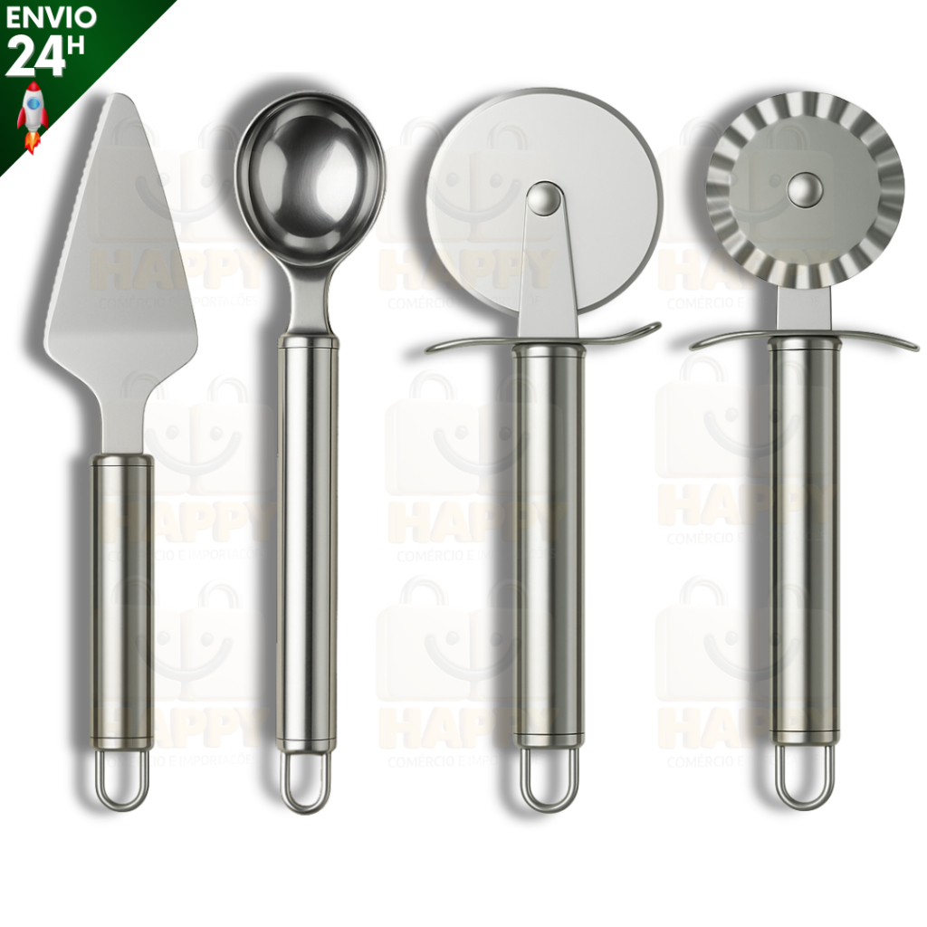 Kit 4 Peças Inox Cortador de Pizza, Carretilha Para Massa, Colher de Sorvete e Espátula de Bolo