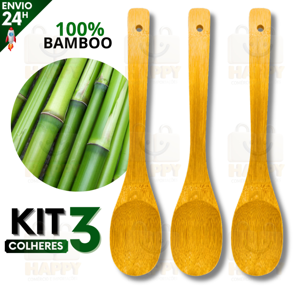 Kit 3 Colher de Bambu para Cozinhar 30 cm Madeira Bamboo Média Cozinha Gourmet em Oferta na Shopee