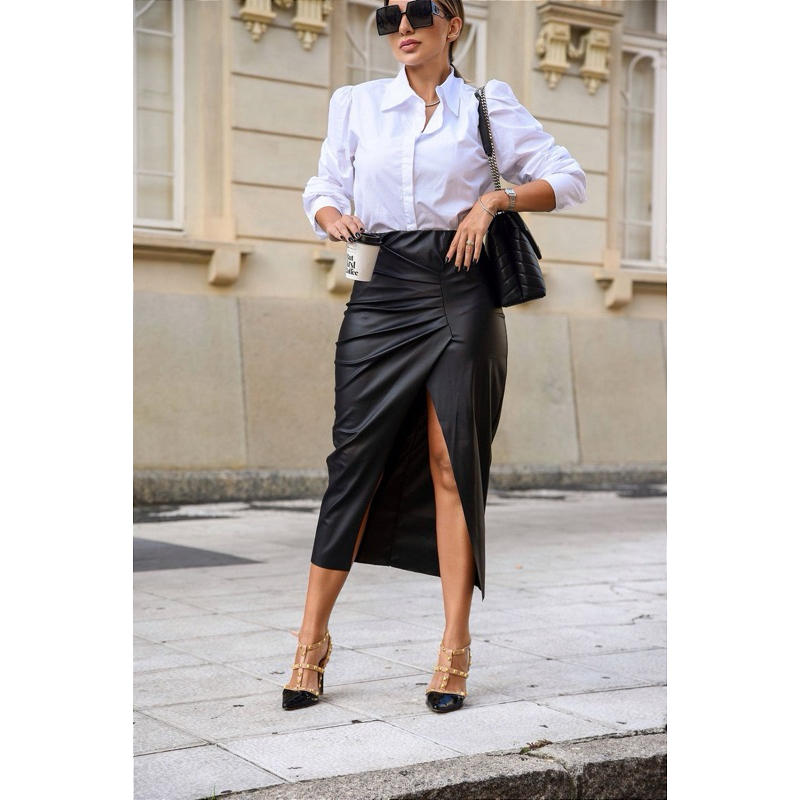Saia Midi Couro Fake Premium Cós Alto Fenda Lateral Drapeada Elegante Moda Blogueira em Oferta na Shopee