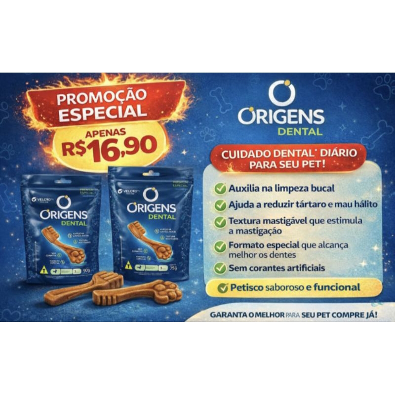 Petisco origens dental para cães adulto de Médio porte com 3 unidades 90 gr