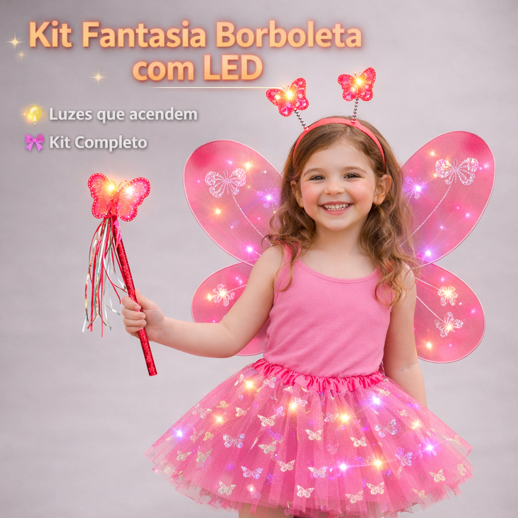 Kit Fantasia Borboleta Infantil com LED – Saia Tule + Asa + Varinha + Tiara | Carnaval Festa em Oferta na Shopee