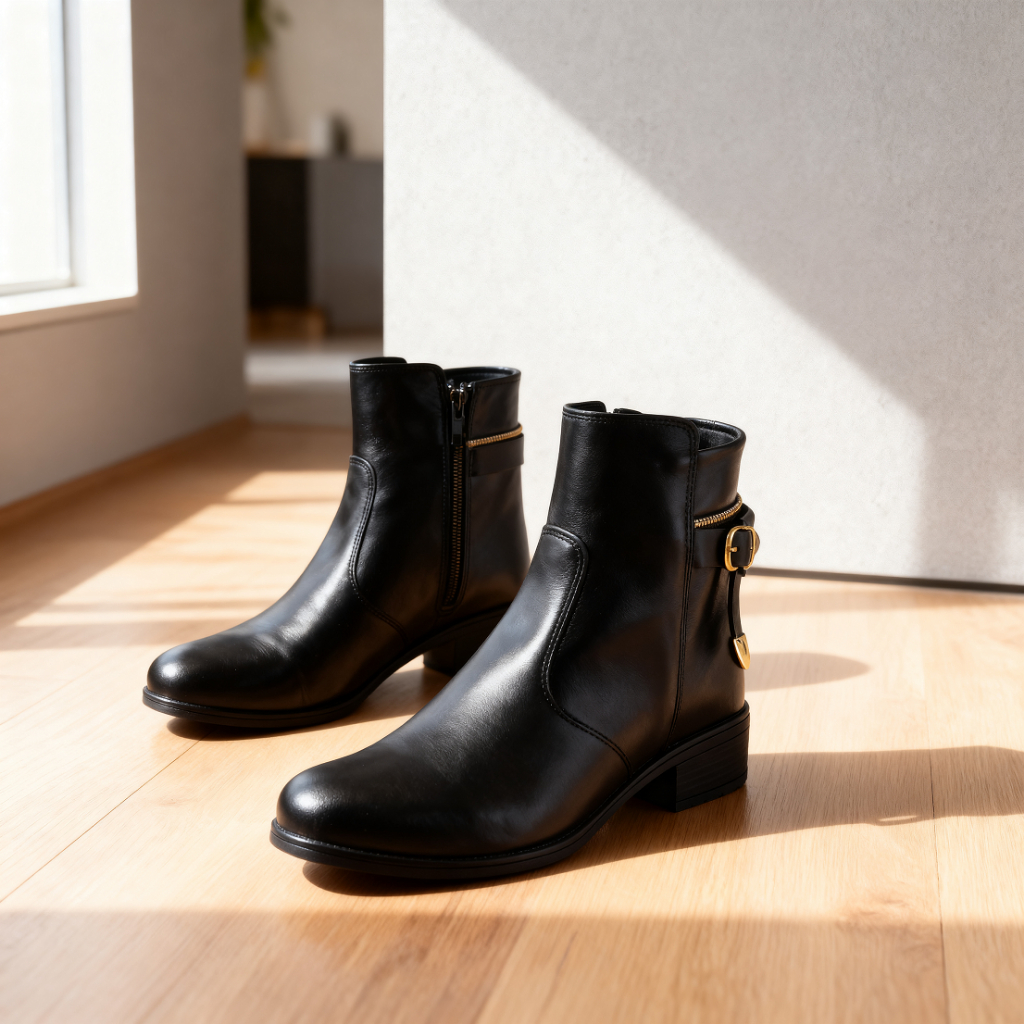 Bota Feminina Preta Cano Curto Zíper Lateral Fivela Dourada Salto Baixo Ankle Boot Confortável Elegante Inverno
