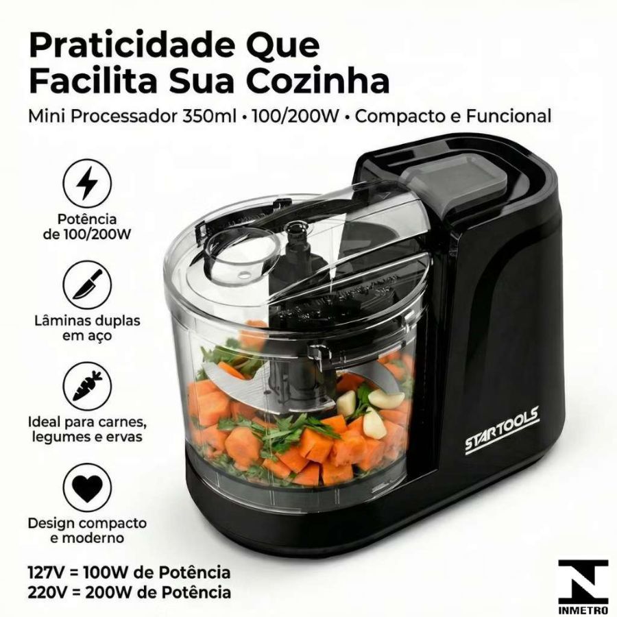 Mini Processador Elétrico 350ml 200W 220V Ou 100W 127V Triturador Compacto Alta Potencia Preto