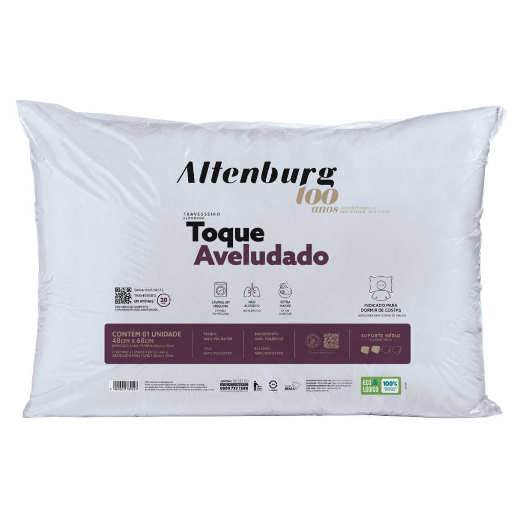 Travesseiro Altenburg Toque Aveludado Original 48x68cm Extra Macio Branco Conforto Premium
