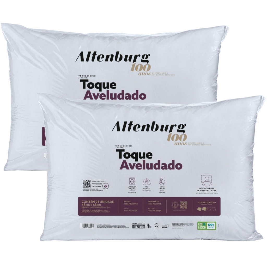Kit 2 Travesseiros Altenburg Toque Aveludado 48x68cm Extra Macio Branco Conforto Premium
