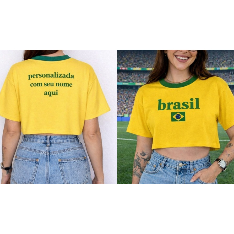 Cropped Brasil Feminino Personalizado COM SEU NOME Camiseta Seleção Brasileira Copa 2026