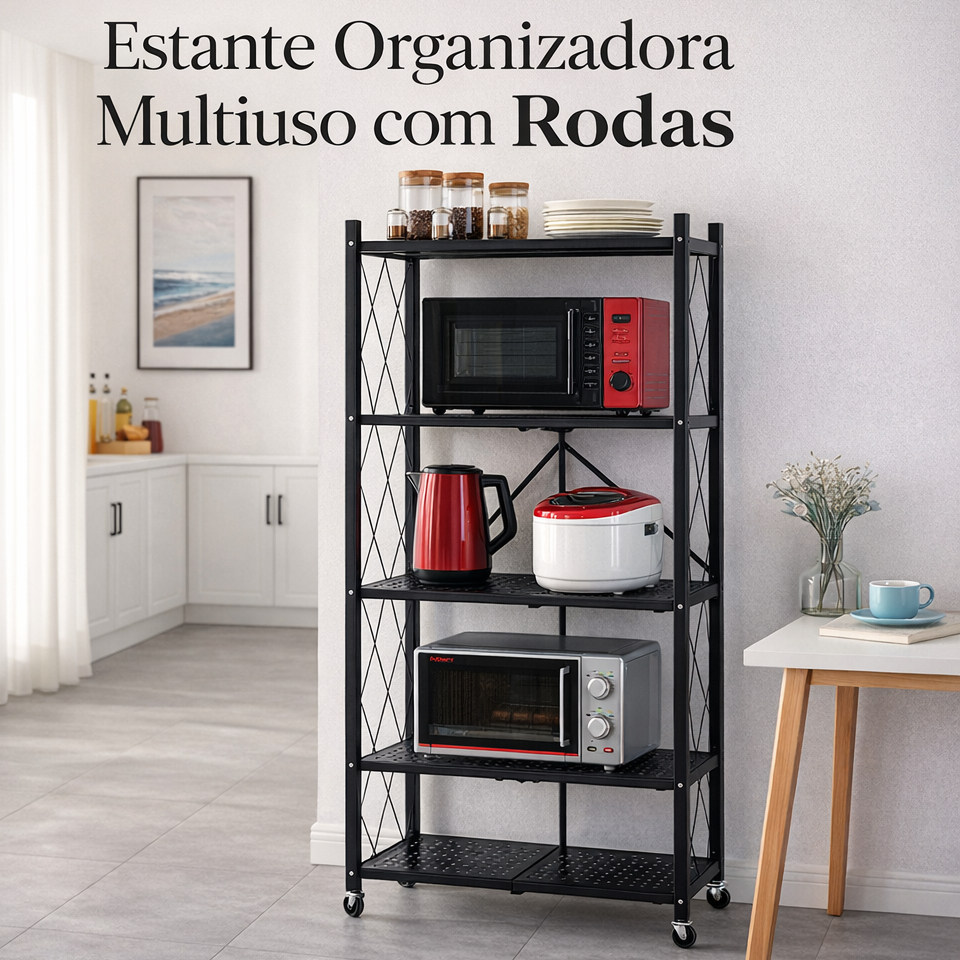 Estante Multiuso Organizadora c/ Rodas, Prateleiras Dobráveis, Armário Cozinha Lavanderia Escritório