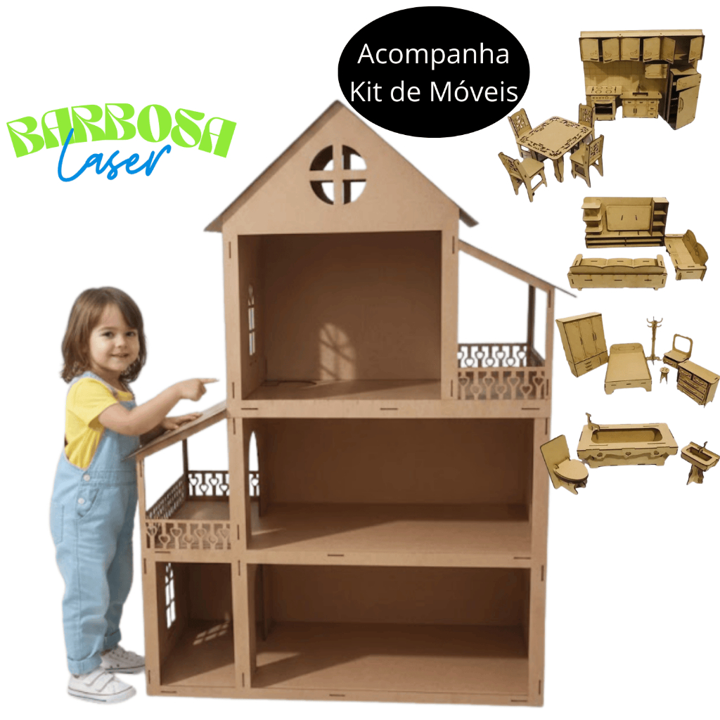 Kit de Casa em MDF com Móveis de Boneca - Conjunto Completo de Casinha e Móveis para BrincarPARA BONECA DE MAIS DE 30CM em Oferta na Shopee