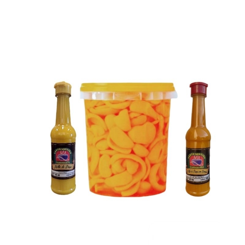 Pequi Fatiado Balde 2.2 Litros+Molho de Pequi 145 ml+Molho de Pequi com Pimenta 145 ml