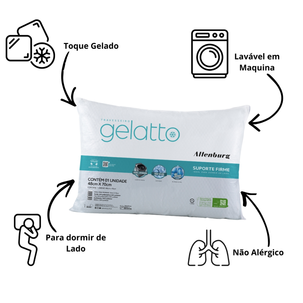 Kit 3 Travesseiros Altenburg Gelatto Original 48x70cm Toque Gelado Antialérgico Suporte Firme — imagem 2 de 2
