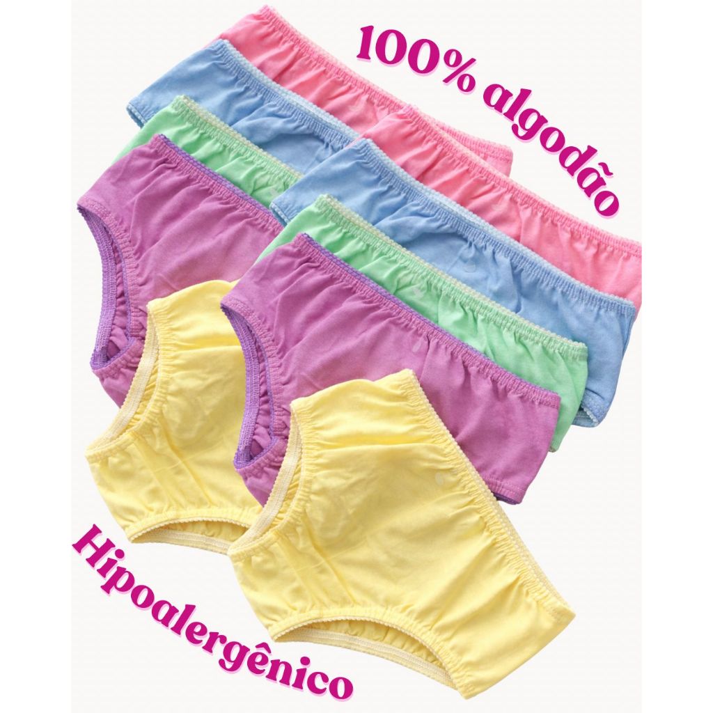 Kit 5/10 calcinhas lisa 100% algodão infantil menina cores sortidas em Oferta na Shopee