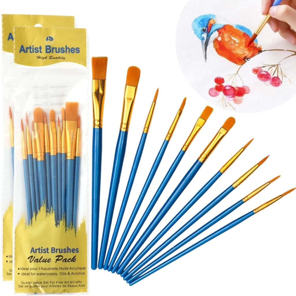Kit 10 Pincéis Pincel Pintura Artísticos Cerdas Macias Artesanato Tela Aquarela Óleo Acrílica Tecido