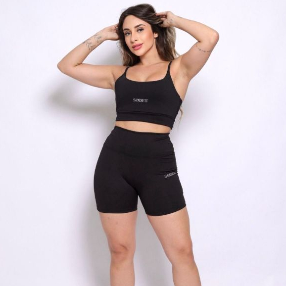 Conjuntinho Academia Top Alcinha + Short Zero Transparencia Tecido Suplex Alta Qualidade Blackout Fitness