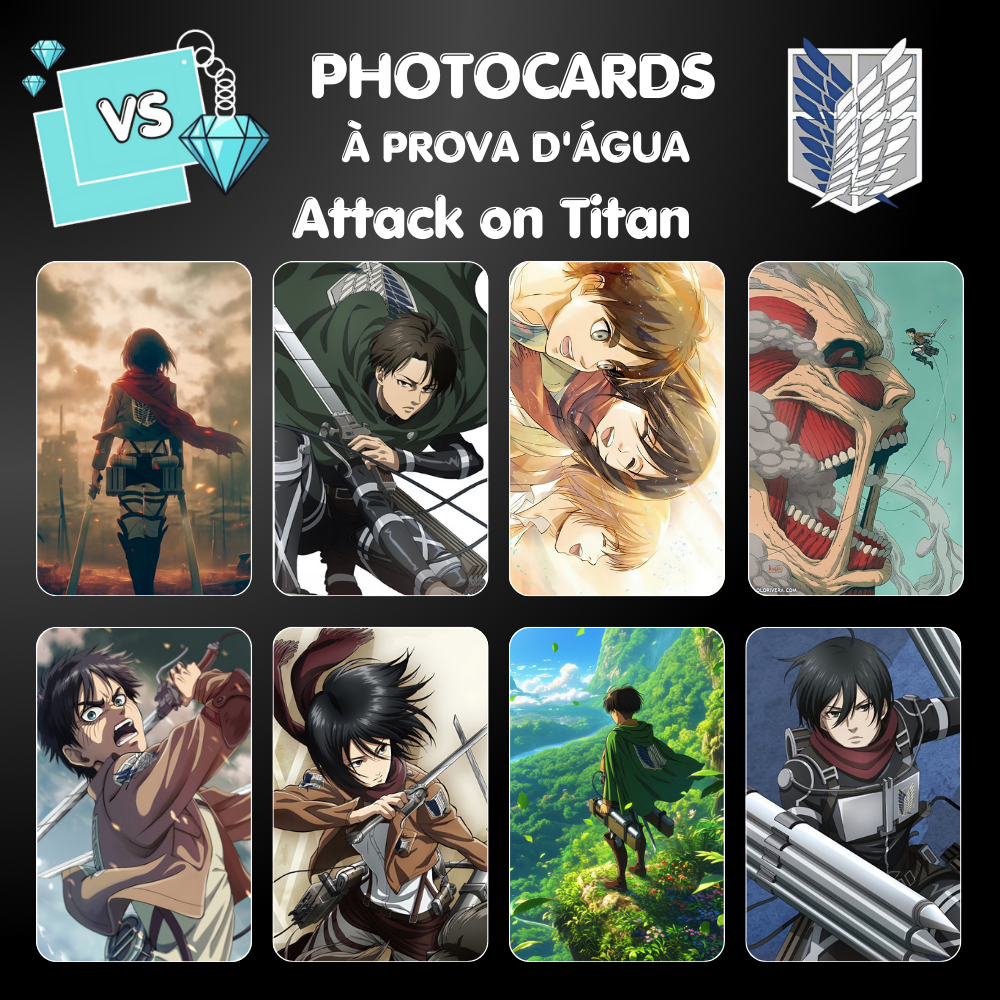 Photocards Attack on Titan: Eren, Mikasa, Armin e Levi à prova d'água Fan-made 5.5x8.5cm