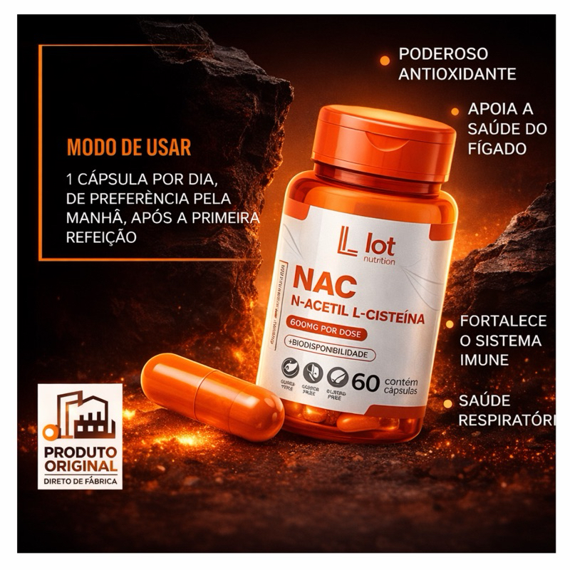 Kit 4un Nac 600mg 60 Cápsulas Detox Fígado Antioxidante Cel Sem Sabor Lot Nutrition