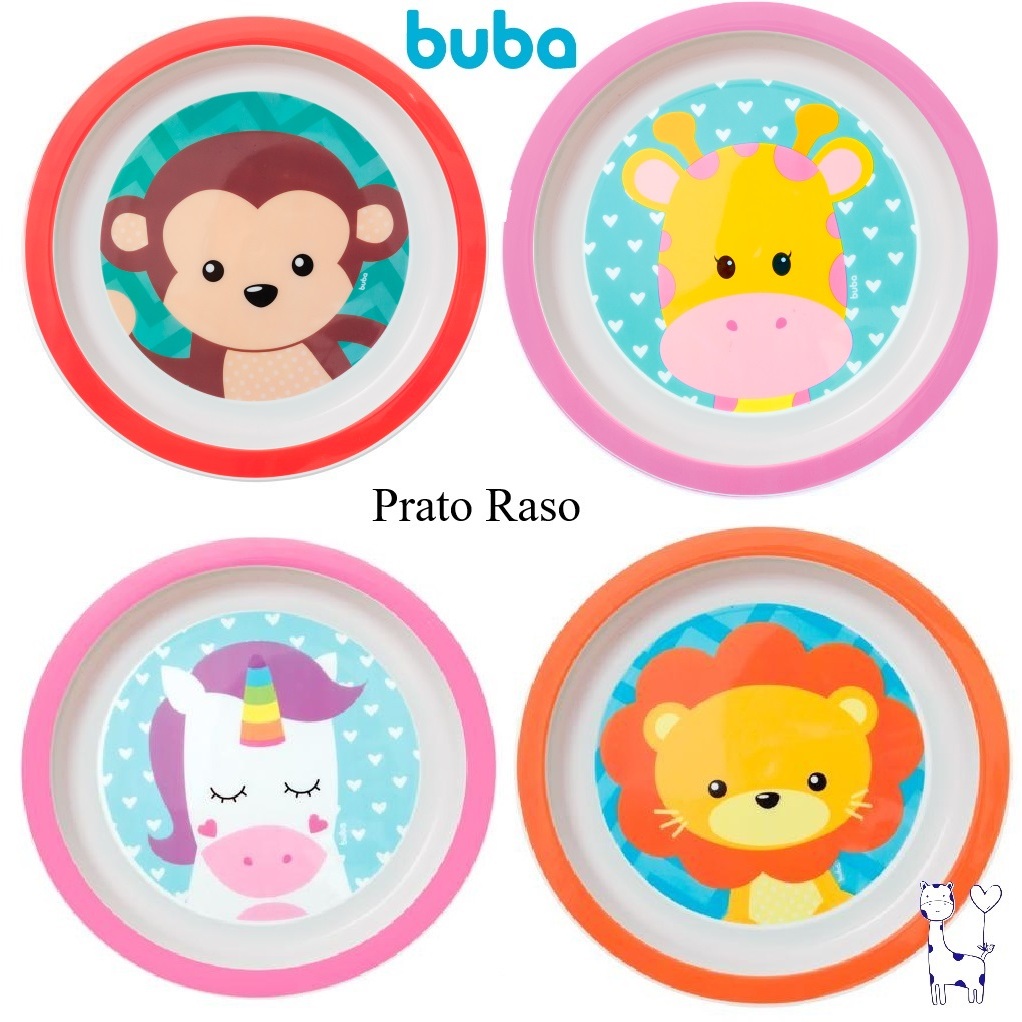 Prato Raso Infantil Redondo Animal Fun Aventuras Buba Bebê Papinha Refeição Crianças Bebês Estampas Divertidas