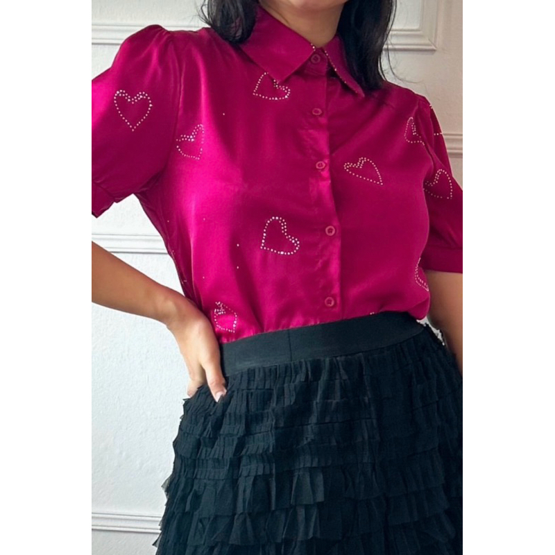 Blusa Larissa Feminina Cetim com Detalhe Corações em Strass Social Elegante