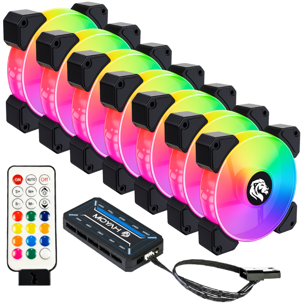 Kit 7 Fans Cooler Ventoinhas Pc Gabinete Gamer | Hayom Rgb C/ Controladora Hub Gamer Preto – FC1306