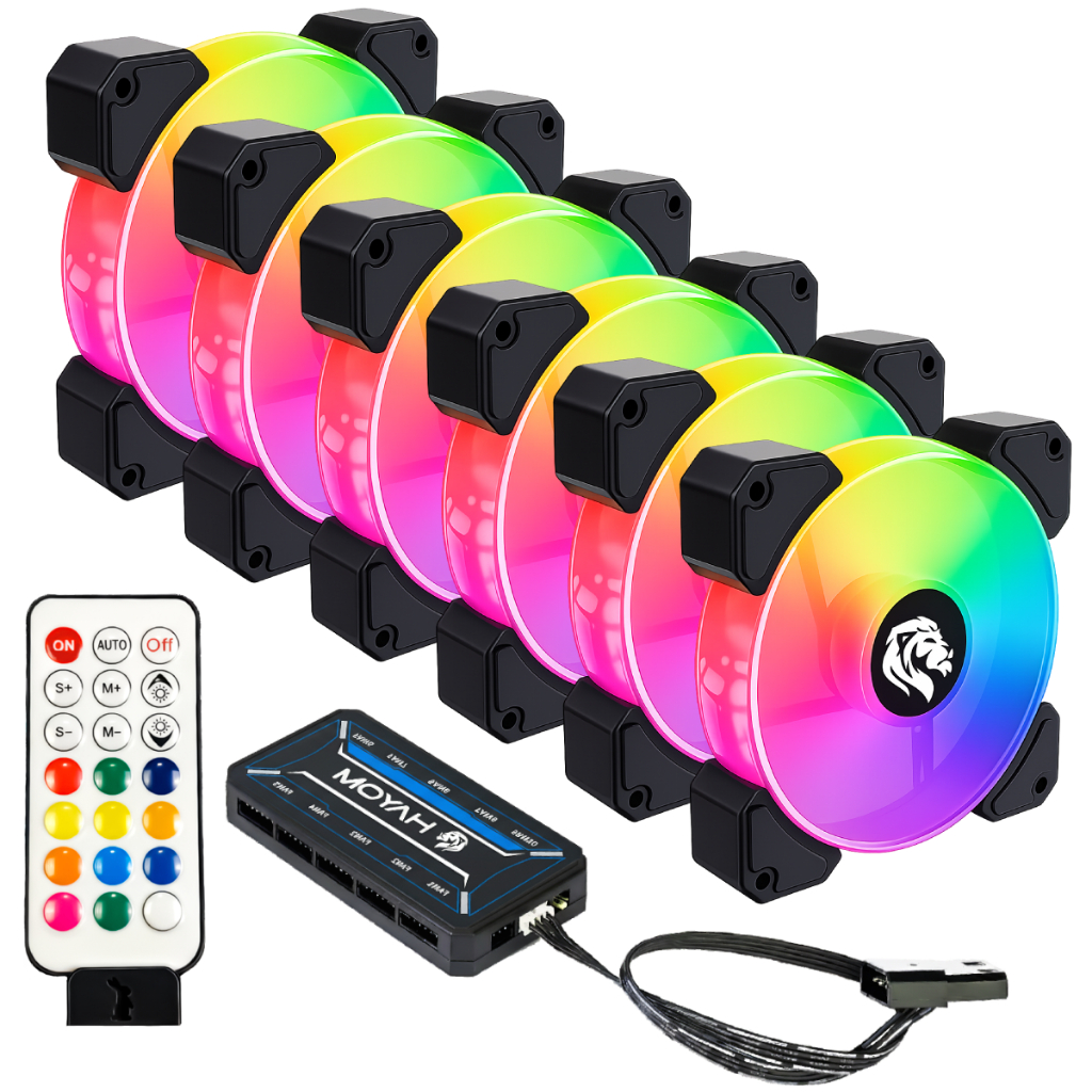 Kit 6 Fans Cooler Ventoinhas Pc Gabinete Gamer | Hayom Rgb C/ Controladora Hub Gamer Preto – FC1306