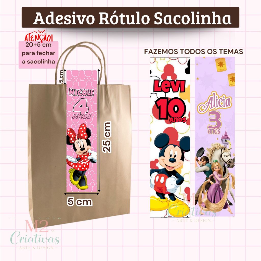 Adesivo Rótulo Personalizado para Sacola Kraft | Qualquer Tema | Lembrancinha de Aniversário | Bolsinha
