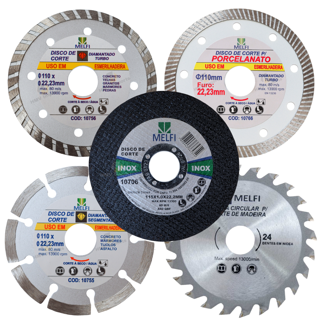 Kit 5 peças Disco Diamantado + Serra Circular + Disco Corte Inox 110mm x 22,23mm para Esmerilhadeira