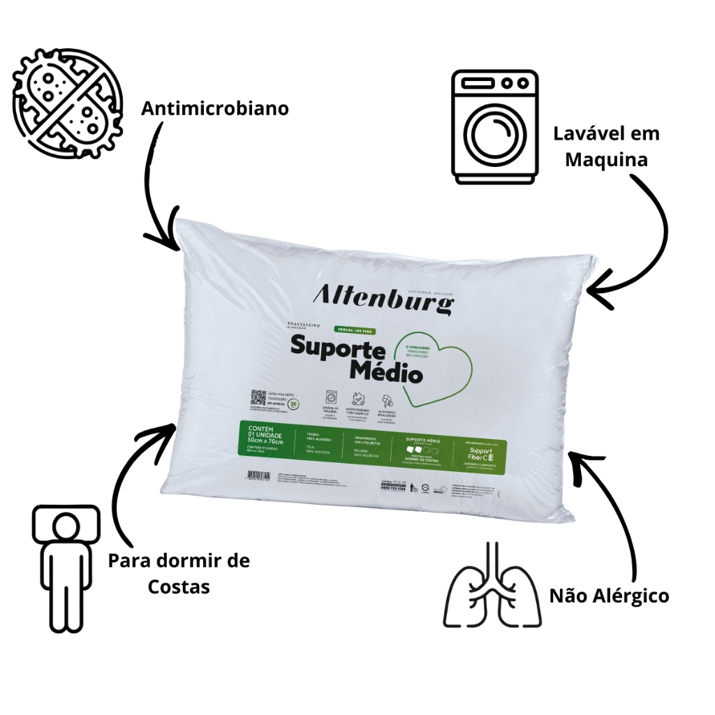 Travesseiro Altenburg Suporte Médio Original 50x70cm Algodão Percal 180 Fios Antialérgico