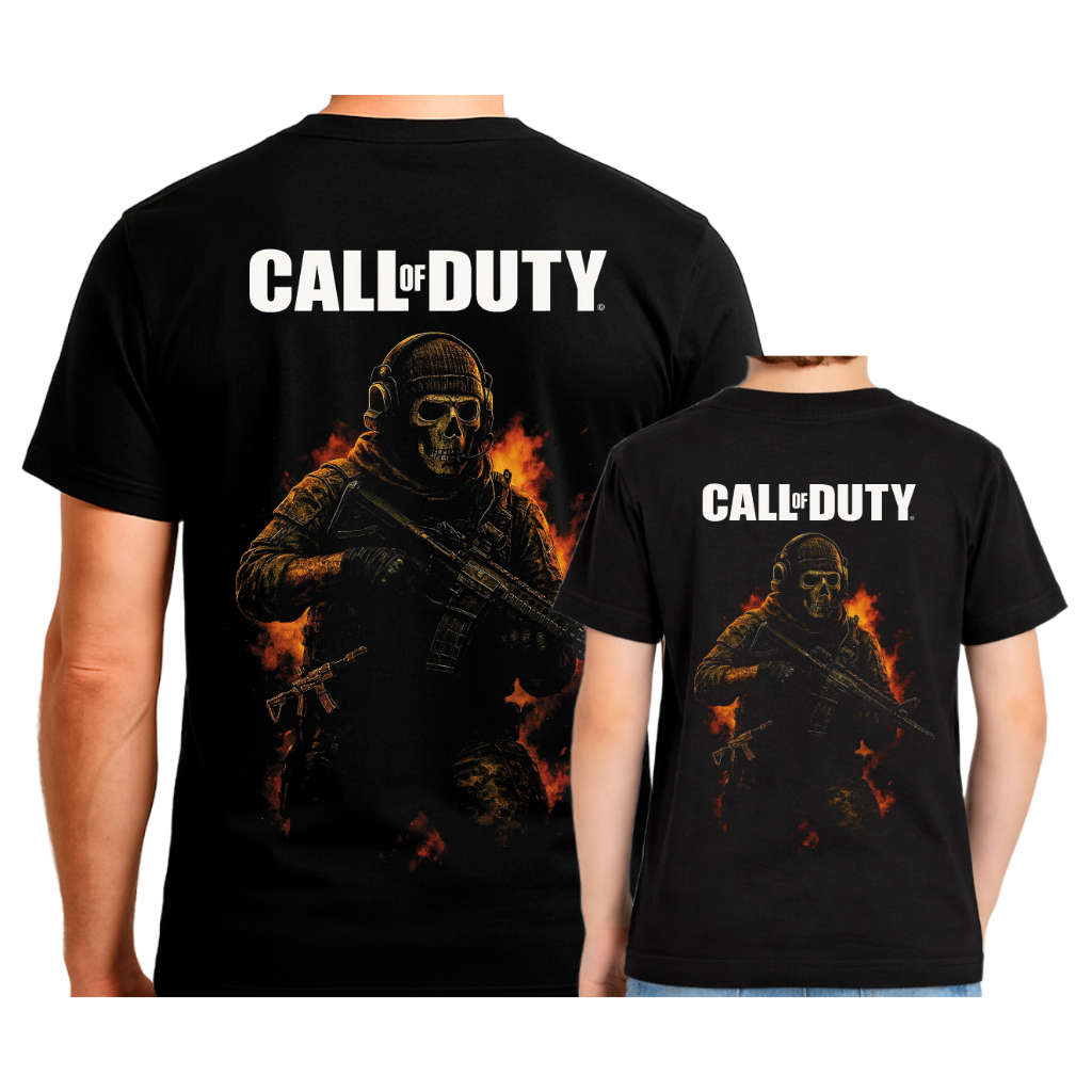 Kit Camisetas Pai e Filho Call of Duty Ghost - Estampa Gamer Caveira Fogo 100% Algodão