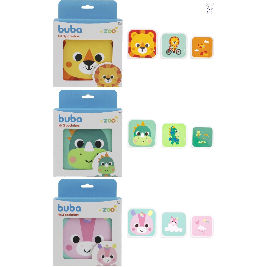 Kit 3 potes Zoo Buba papinha lanche marmita bebê 240ml 380ml 550ml prático divertido infantil
