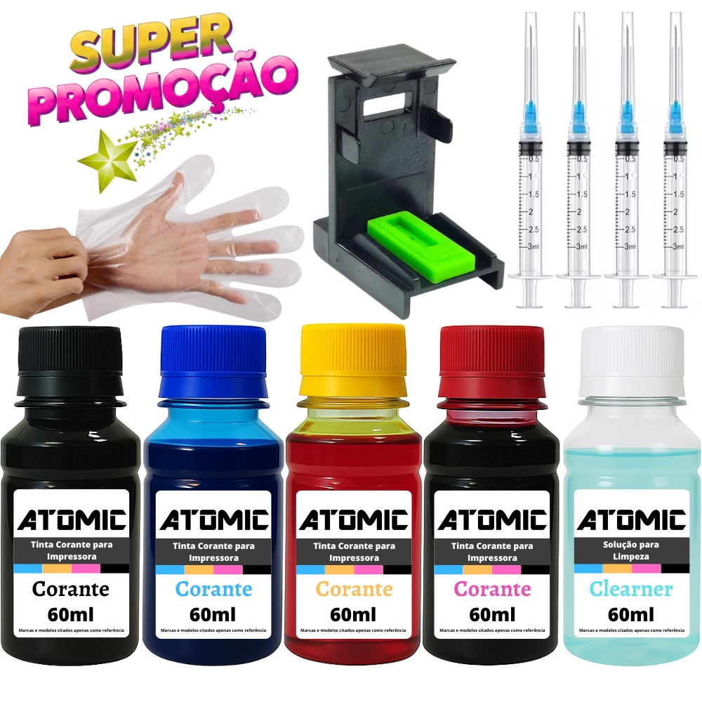 Kit Recarga de Cartuchos Atomic Compatível Impressora HP F4480 Cartucho 60 e 60XL 300ml Tinta Total