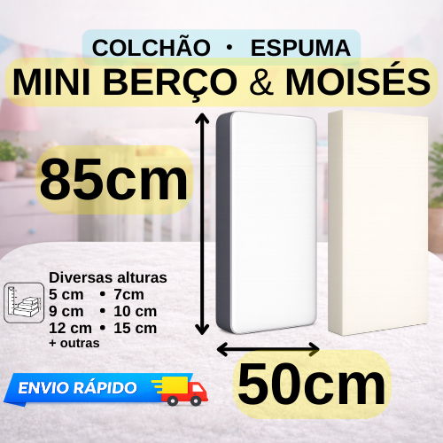 Colchão ou Espuma 85x50cm D18 para Mini Berço Moisés Altura Sob Medida Antialérgico
