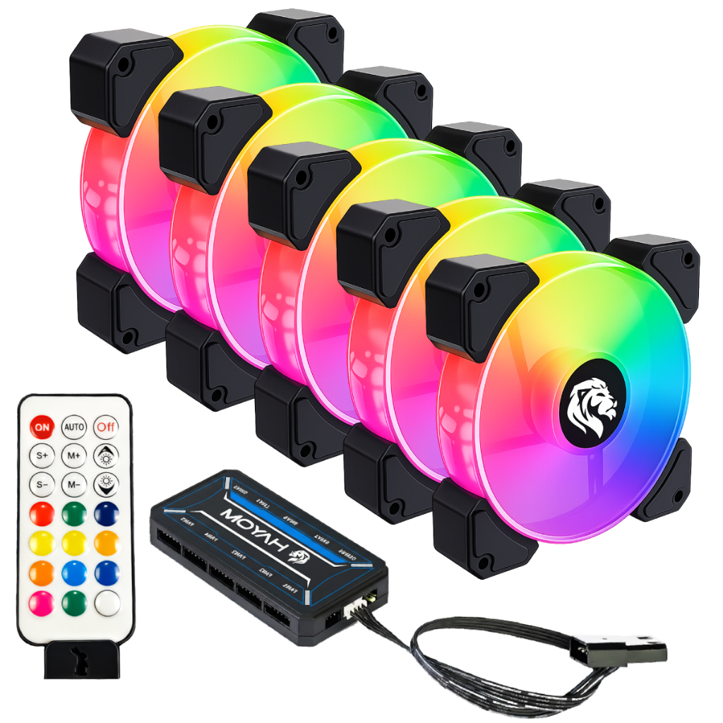 Kit 5 Fans Cooler Ventoinhas Pc Gabinete Gamer | Hayom Rgb C/ Controladora Hub Gamer Preto – FC1306