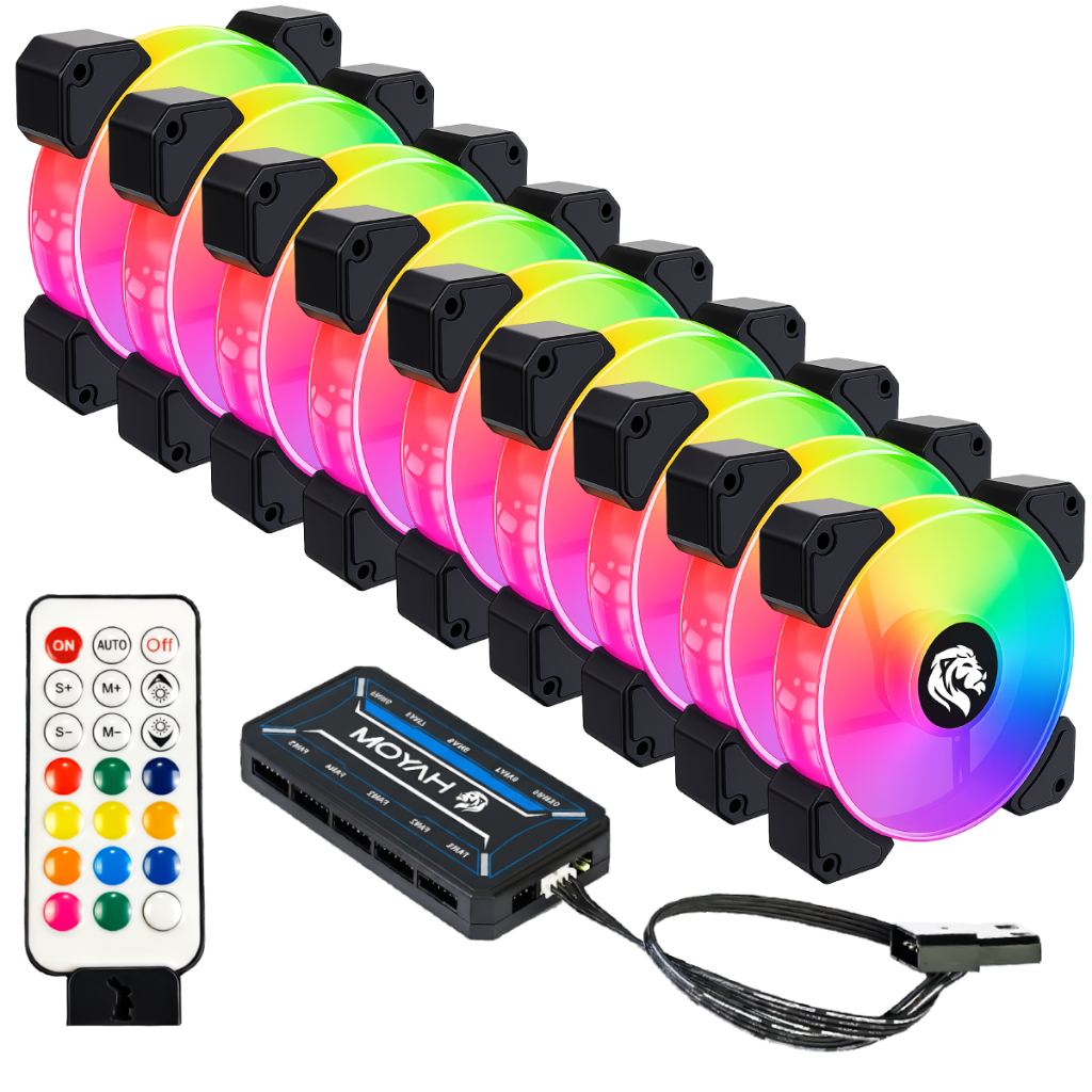 Kit 9 Fans Cooler Ventoinhas Pc Gabinete Gamer | Hayom Rgb C/ Controladora Hub Gamer Preto – FC1306