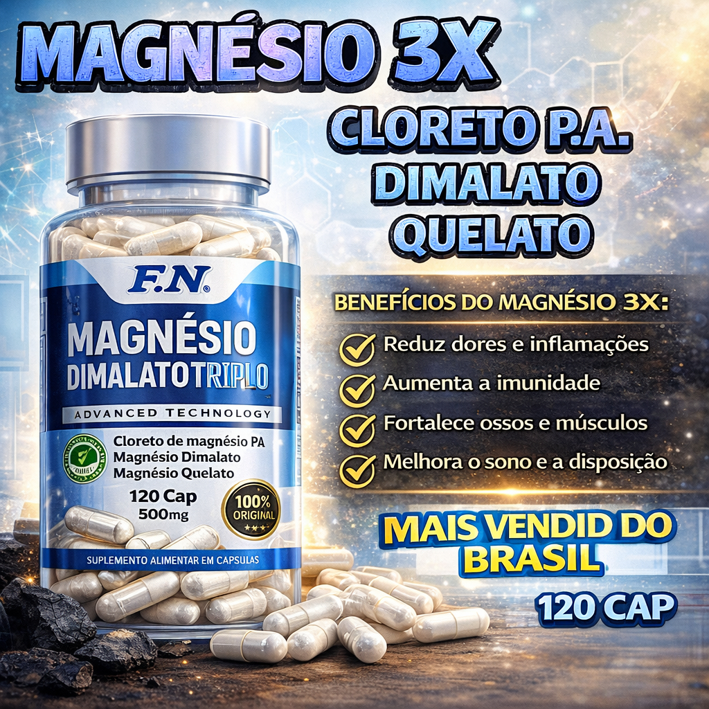 Triplo Magnésio em Cápsulas – Malato, Cloreto e Bisglicinato de Magnésio para Equilíbrio e Energia