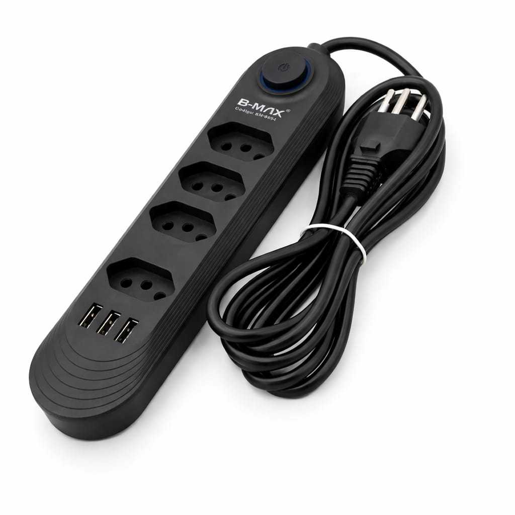 Extensão B-Max Preta 4 Tomadas + 3 USB com Interruptor em Oferta na Shopee