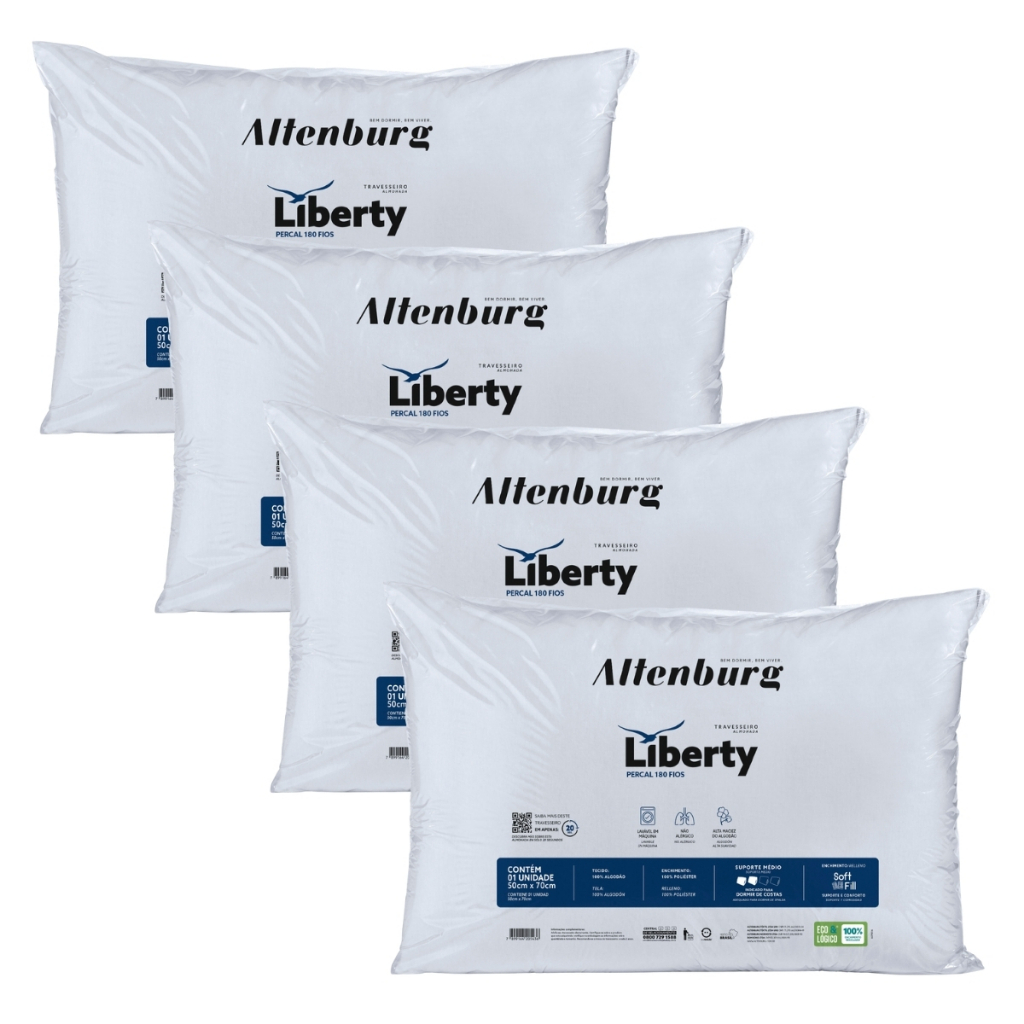 Kit 4 Travesseiros Altenburg Liberty Original 50x70cm Percal 180 Fios Antialérgico Suporte Médio