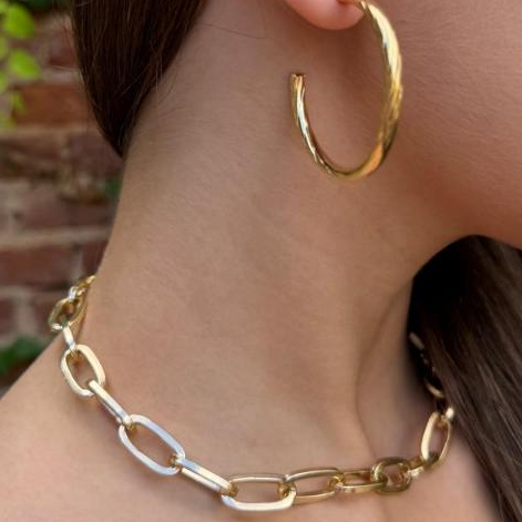 Conjunto Colar Elos Brinco Argola Dourada Feminino Gargantilha Cordão Kit 2 Peças Choker