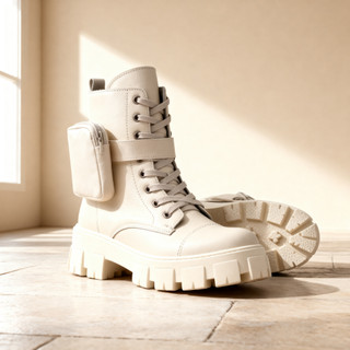Coturno Feminino Branco Off White Tratorado Sola Alta Chunky +  Bolso Lateral Estilo Blogueira Tendência