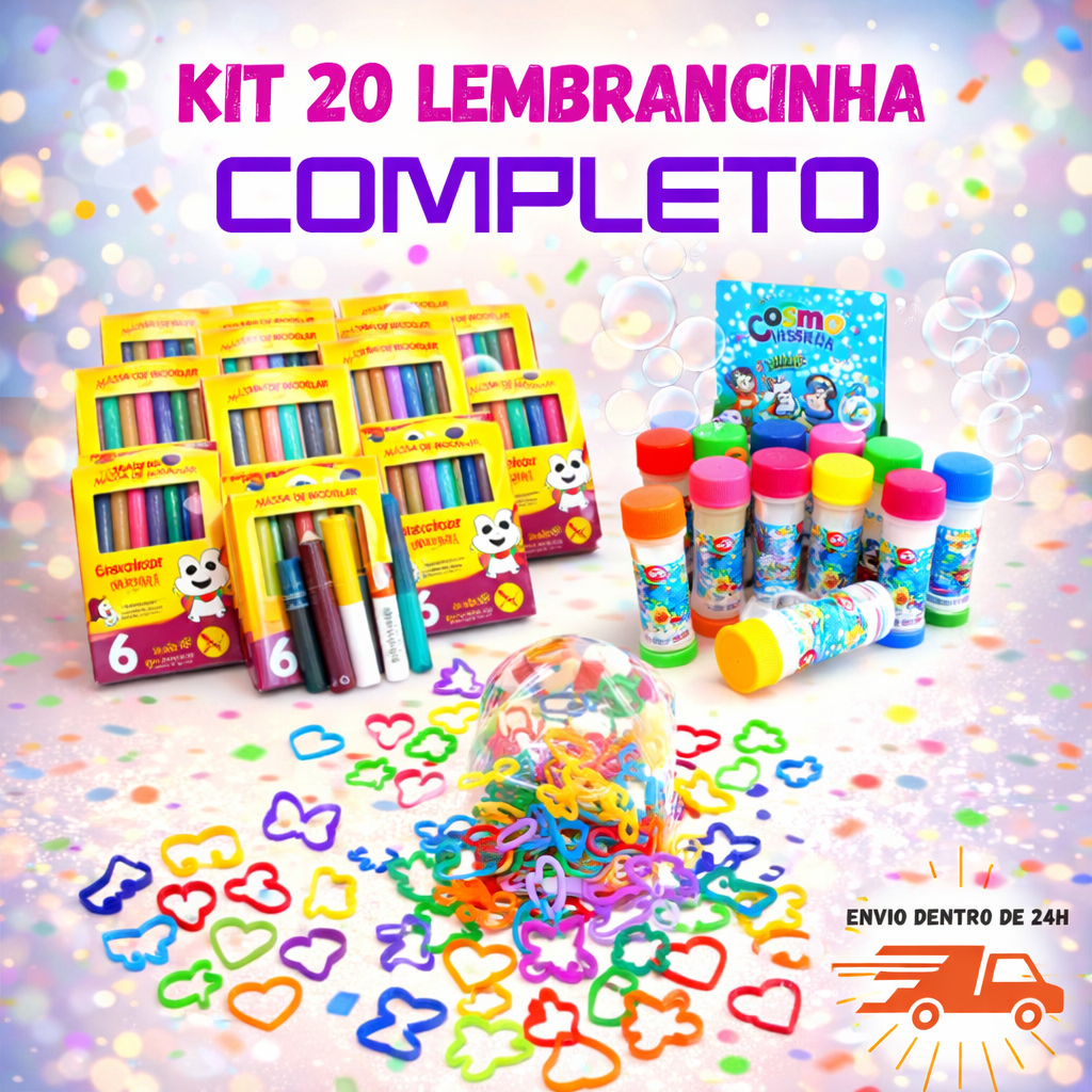 Kit 20 Cx Massinha de Modelar + 20 Bolha de Sabão + 20 Cortador Molde Festa Lembrancinha Infantil
