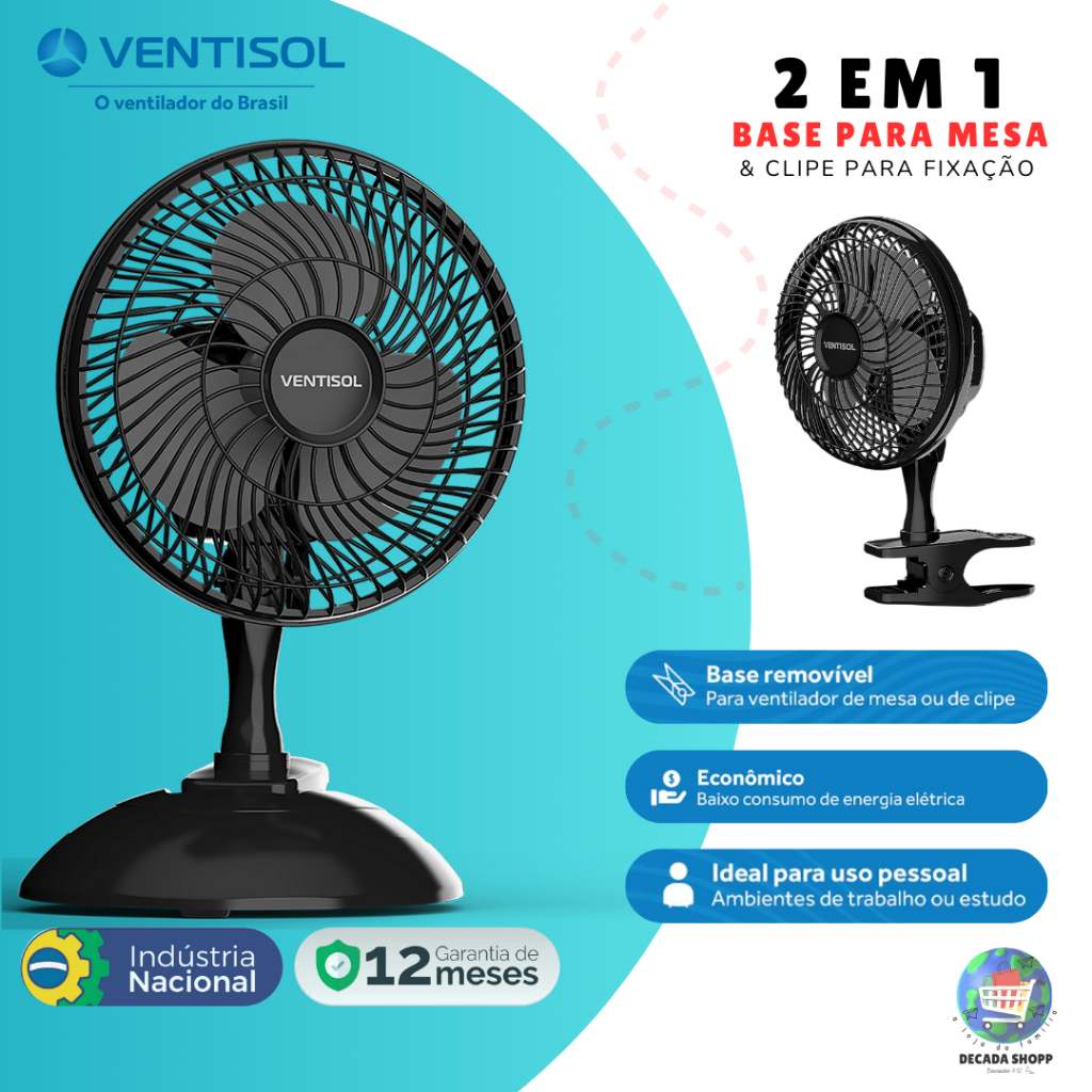 Micro Ventilador De Mesa 220V Ventisol 20cm Black Turbo Portátil Compacto 3 Pás Silencioso e Potente