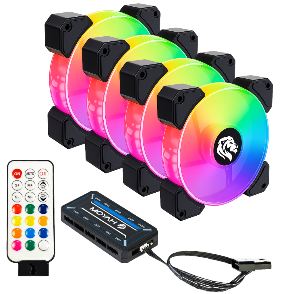 Kit 4 Fans Cooler Ventoinhas Pc Gabinete Gamer | Hayom Rgb C/ Controladora Hub Gamer Preto – FC1306