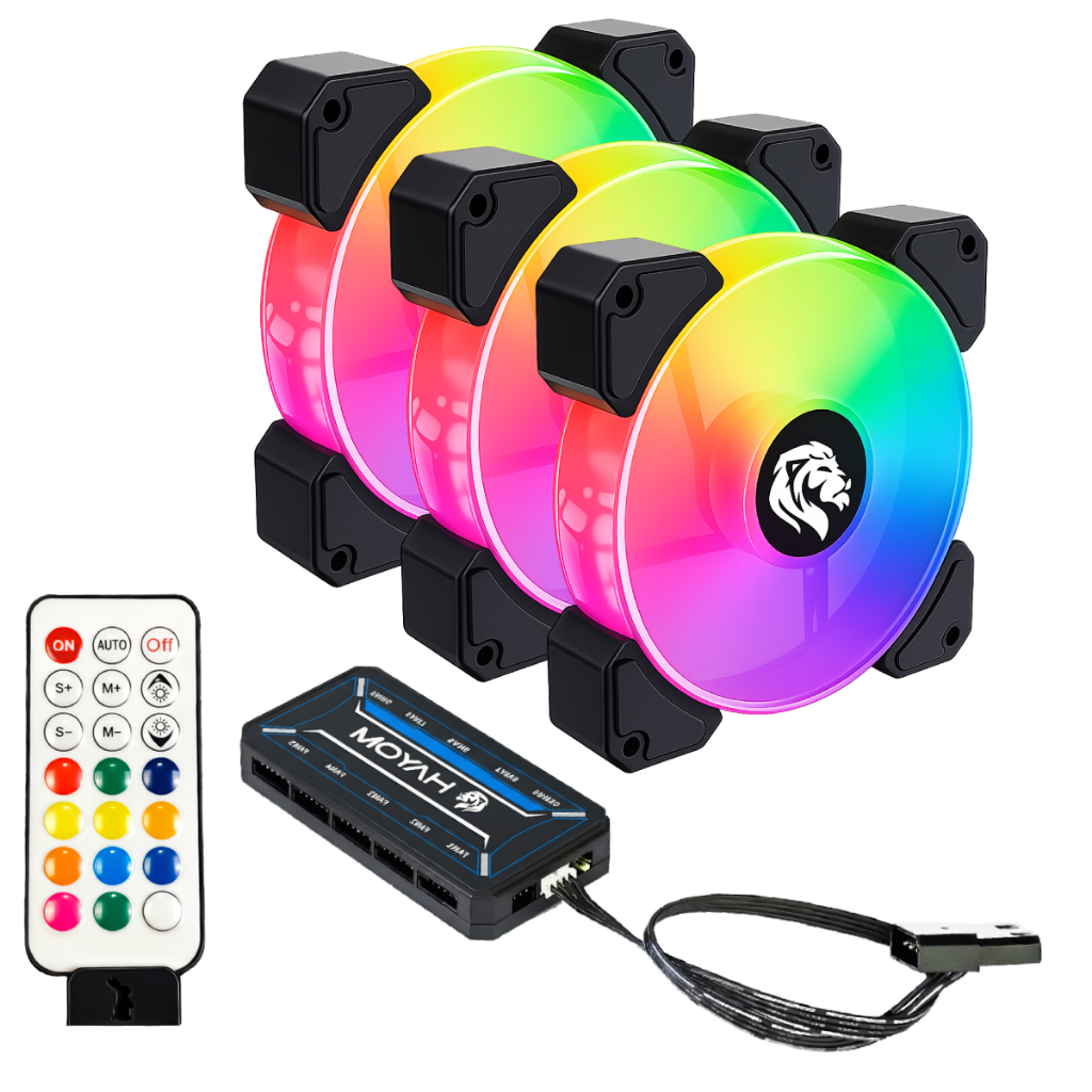 Kit 3 Fans Cooler Ventoinhas Pc Gabinete Gamer | Hayom Rgb C/ Controladora Hub Gamer Preto – FC1306