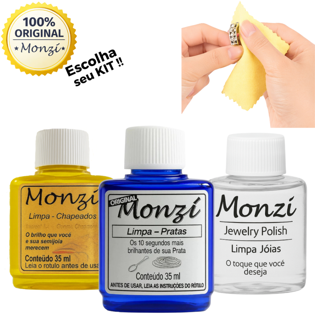 Monzi Azul Limpador de Prata 35ml Original com Mini Flanela Polidora