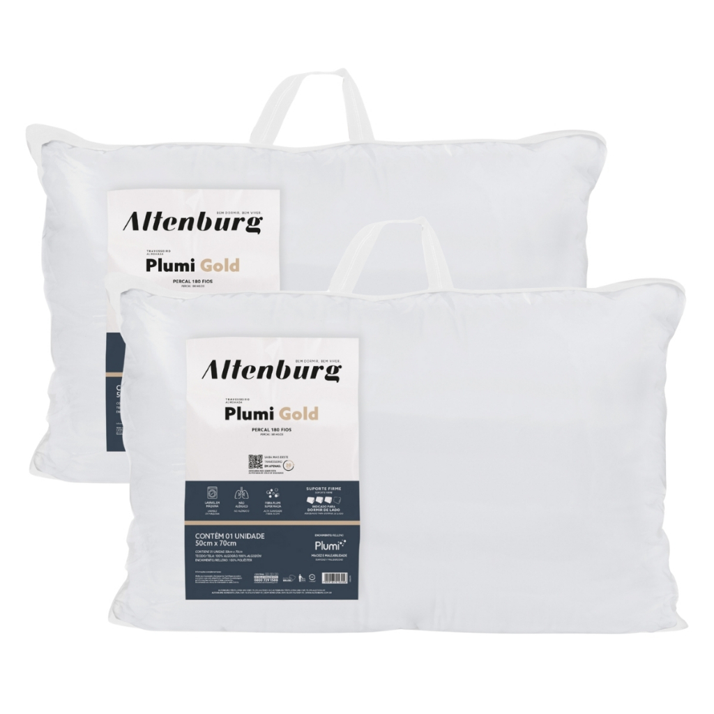 Kit 2 Travesseiros Altenburg Plumi Gold Original 50x70cm Percal 180 Fios Suporte Firme Toque de Plumas