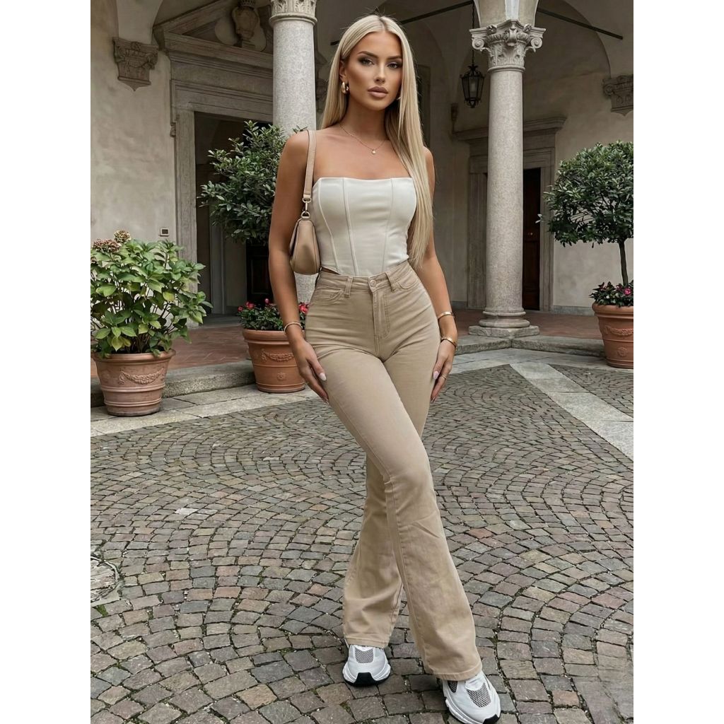 Calça Flare Jeans Feminina Boca de Sino Cintura Alta Modeladora