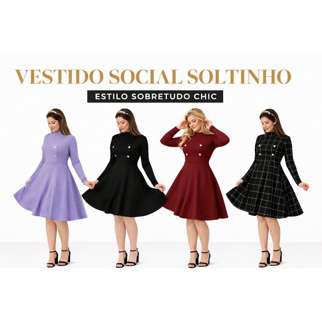 Vestidos Plus Size Moda Evangélica Social Rodado Estilo Paquitas  Moda Evangélica Social manga Longa Gola Alta Plus Size